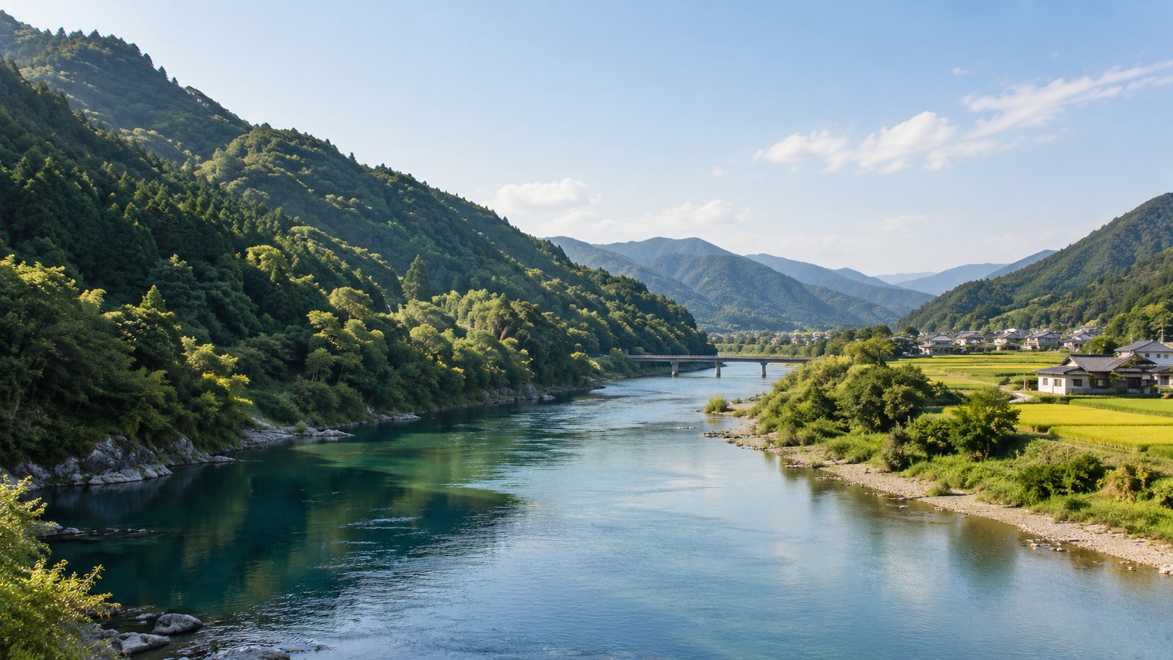 四国の川や山並み、日本の家屋をイメージした風景