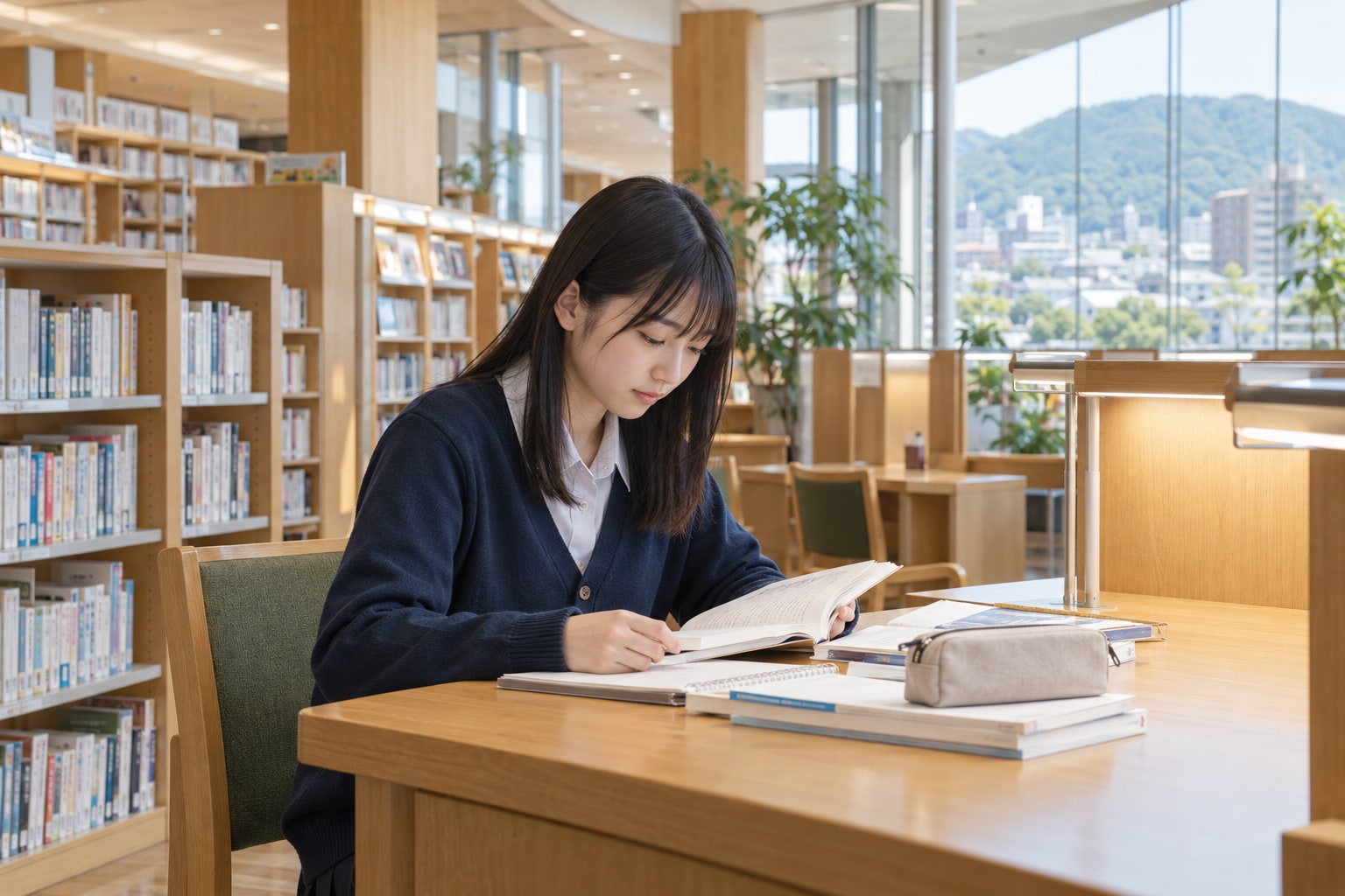 日本の図書館で学習に取り組む高校生のイメージ