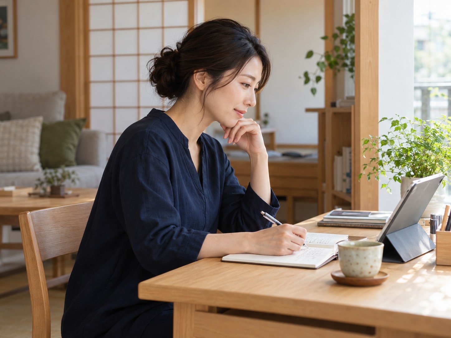 日本の家庭でノートとタブレットを使い予定を整理する大人のイメージ