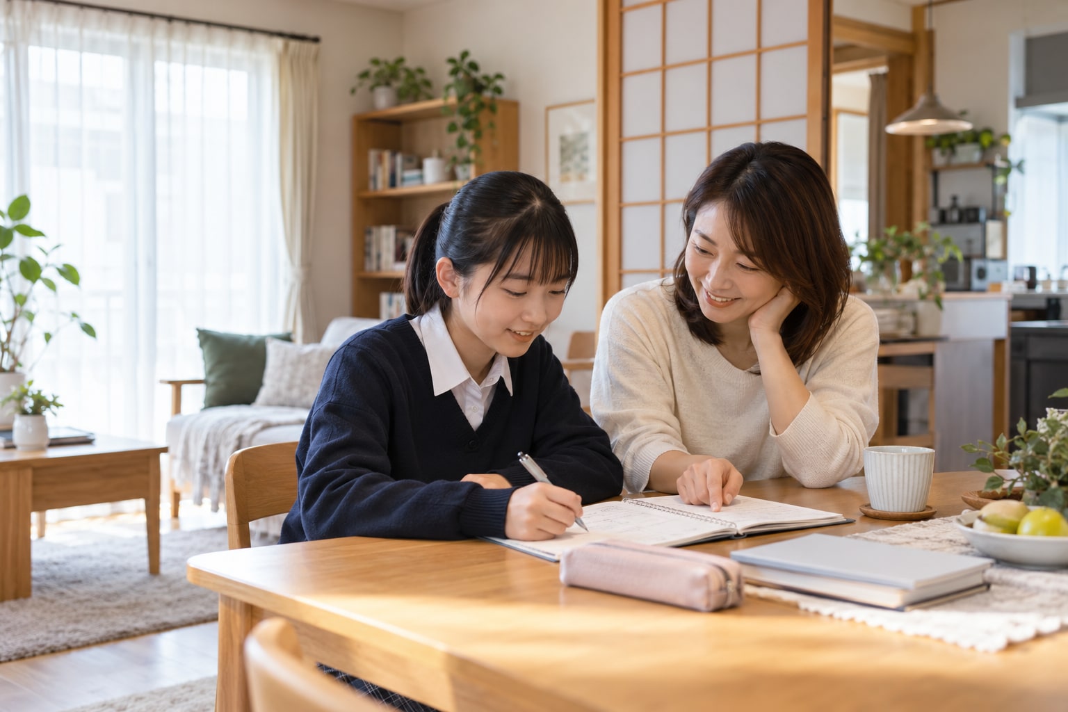 日本の家庭で母親と中学生が学習計画について話すイメージ