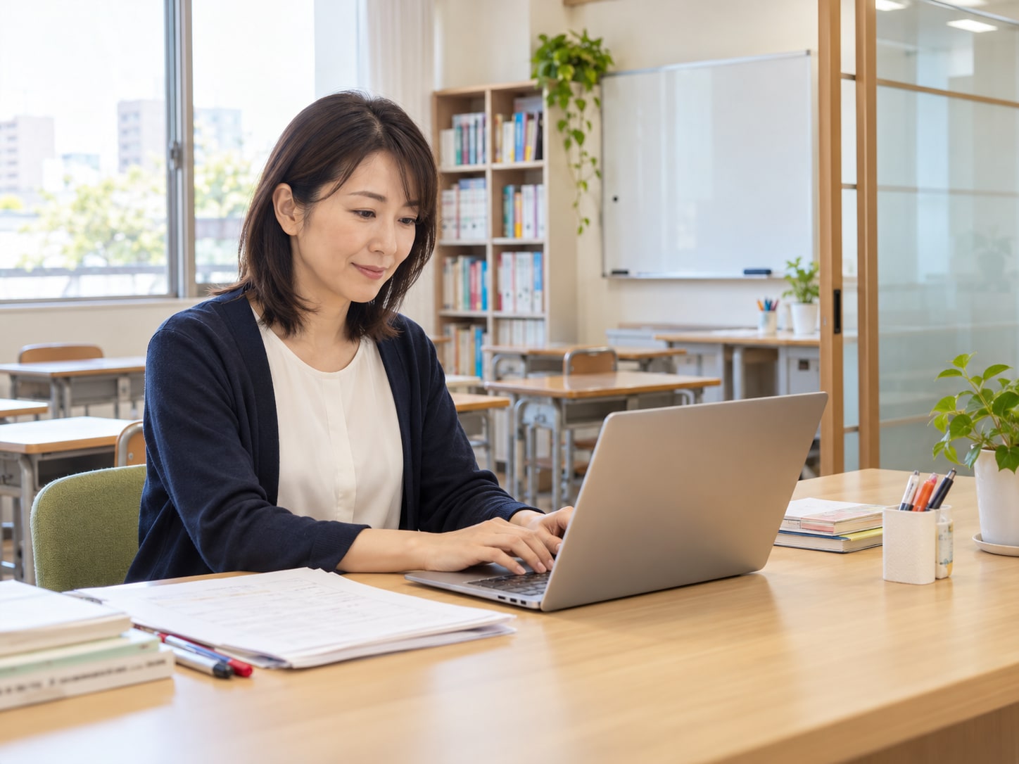 日本の学習塾で講師がパソコンを使い教材や業務を整えるイメージ
